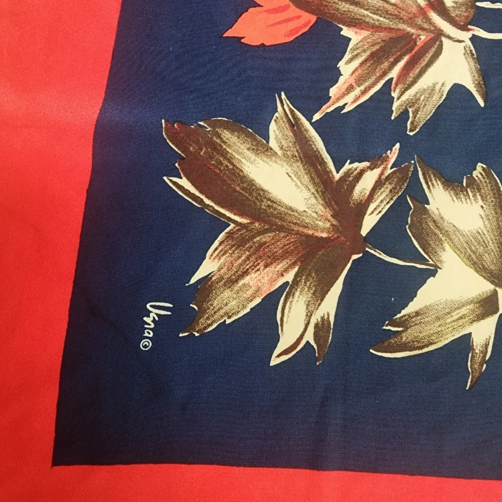 Vintage Uana Red & Blue Fall Leaves Silk Scarf